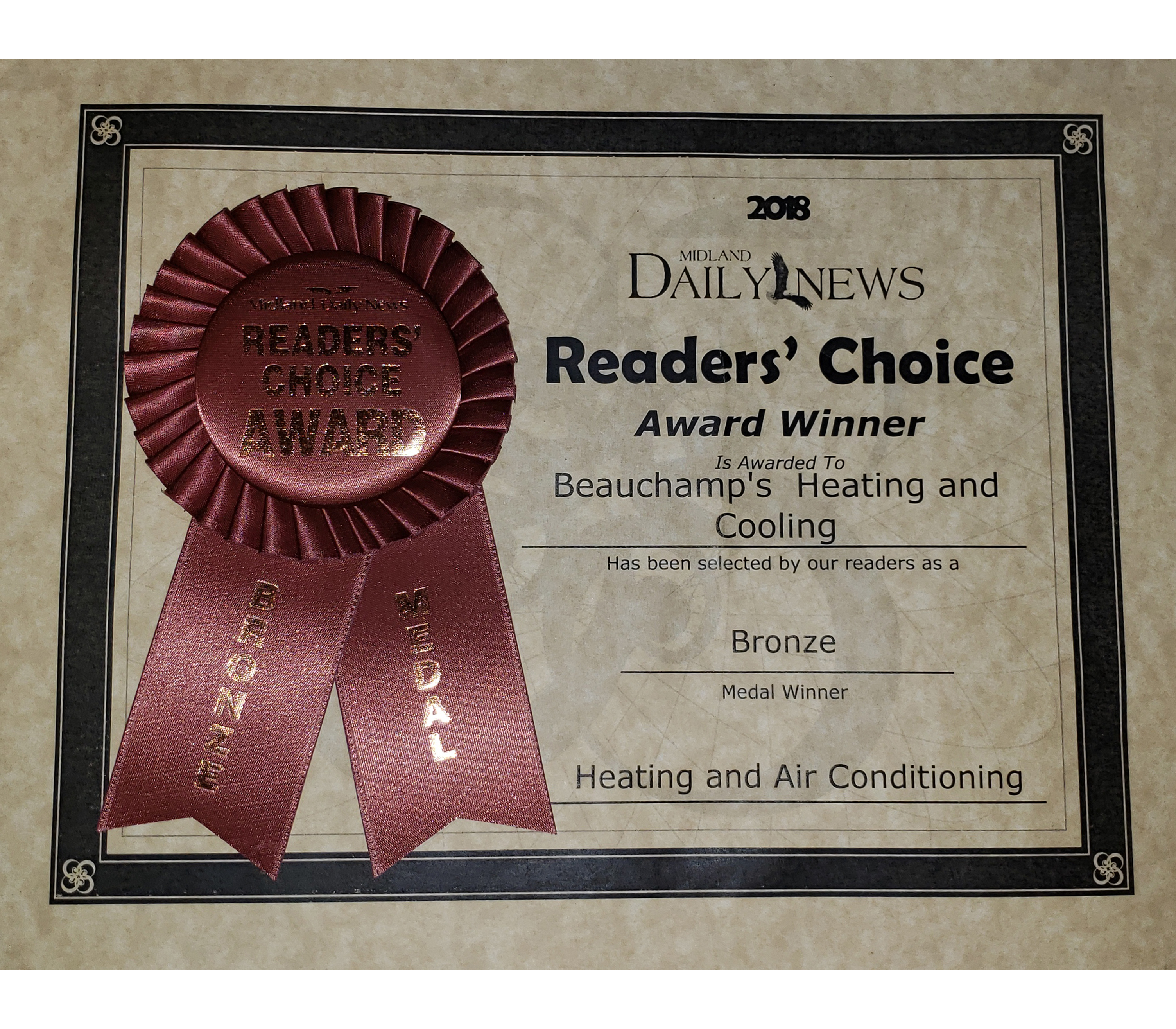 2018 - Bronze - Reader's Choice Award for Heating and Air Conditioning